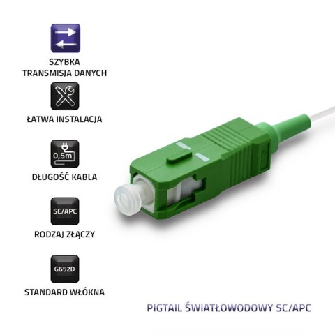 Qoltec Pigtail światłowodowy SC/APC | Singlemode | 9/125 | G652D | 0.5m