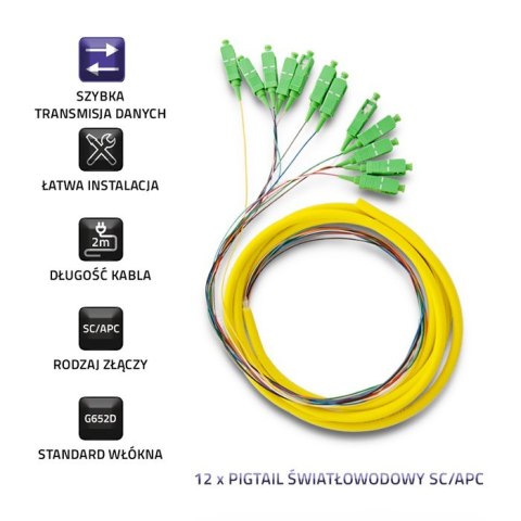 Qoltec 12 x Pigtail światłowodowy SC/APC | Singlemode | G652D | 2m