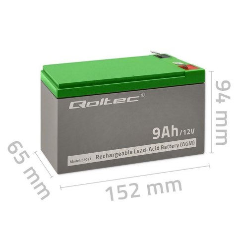 Qoltec Akumulator AGM | 12V | 9Ah | Bezobsługowy | Wydajny | LongLife | do UPS, security