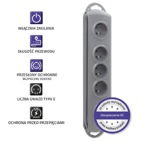 Qoltec Listwa zasilająca antyprzepięciowa | 4 gniazda | 1.5m | Szara