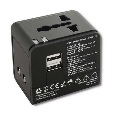 Qoltec Sieciowy adapter podróżny 10.5W | 5V | 2.1A | 2xUSB