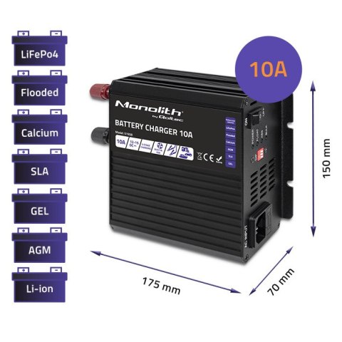 Qoltec Inteligentna ładowarka Monolith do akumulatorów LiFePO4 AGM GEL SLA | 10A | 12V