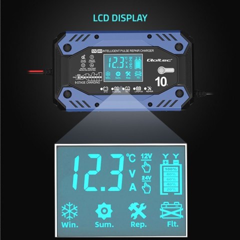 Qoltec Inteligentna ładowarka do akumulatora STD AGM GEL LiFePO4 | Prostownik z funkcją naprawy |12-24V |10A | LCD | 9 - stopnio