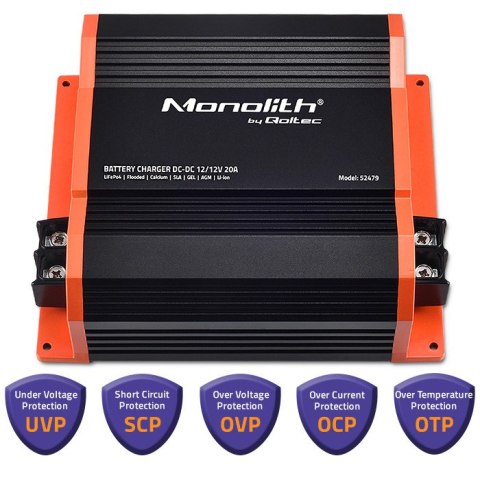 Qoltec Ładowarka Monolith DC-DC do dodatkowego akumulatora LiFePO4 AGM GEL 12V - 12V | 20A | 250W