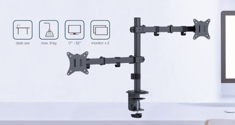 GEMBIRD BIURKOWE REGULOWANE RAMIĘ/UCHWYT NA 2 MONITORY 17-32, VESA 100X100MM, DO 9 KG