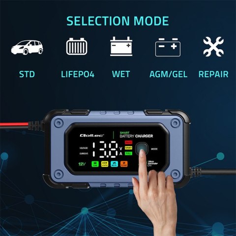 Qoltec Inteligentna mikroprocesorowa ładowarka 12V | 7A | Prostownik do akumulatora AGM LiFePO4 GEL z funkcją naprawy
