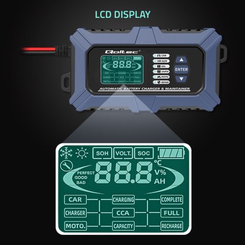 Qoltec Inteligentna mikroprocesorowa ładowarka z testerem baterii i funkcją naprawy 12V | 6A | LCD | Prostownik do akumulatora A