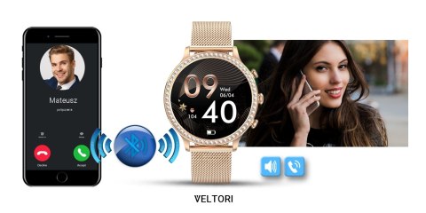 Smartwatch Damski Veltori VT310-1 Złota Bransoleta + Różowy Pasek Silikonowy