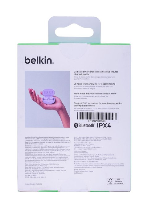 Słuchawki bezprzewodowe douszne Belkin SoundForm Bolt True Wireless Earbuds BT5.2 IPX4 Lavender