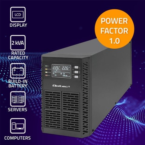 Qoltec Zasilacz awaryjny UPS | 2kVA | 2000W | Power Factor 1.0 | LCD | EPO | USB | On-line