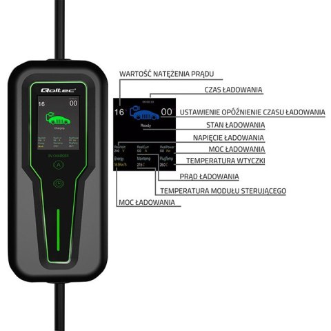 Qoltec Mobilna ładowarka do samochodu elektrycznego EV z regulacją 2w1 Typ2 | 3.5kW | 230V | LCD | Przenośna | Wallbox | 5m