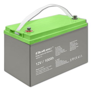 Qoltec Akumulator żelowy Deep Cycle | 12V | 100Ah | 30.5kg | Bezobsługowy | Professional | LongLife | PV, UPS, kamper