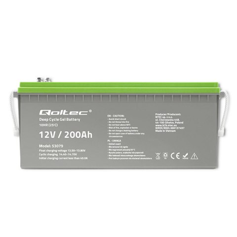 Qoltec Akumulator żelowy Deep Cycle | 12V | 200Ah | 62.5kg | Bezobsługowy | Professional | LongLife | PV, UPS, kamper