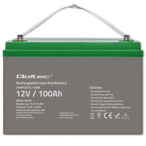 Qoltec Akumulator AGM | 12V | 100Ah | 28.1kg | Bezobsługowy | Mocny | LongLife | do UPS, kampera, łodzi, pieca