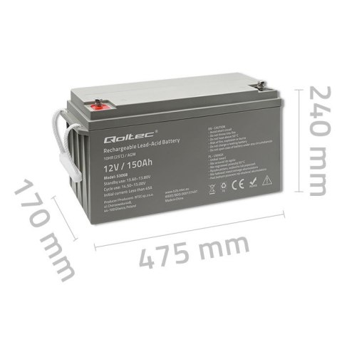 Qoltec Akumulator AGM | 12V | 150Ah | 40.1kg | Bezobsługowy | Mocny | LongLife | do UPS, kampera, łodzi, pieca