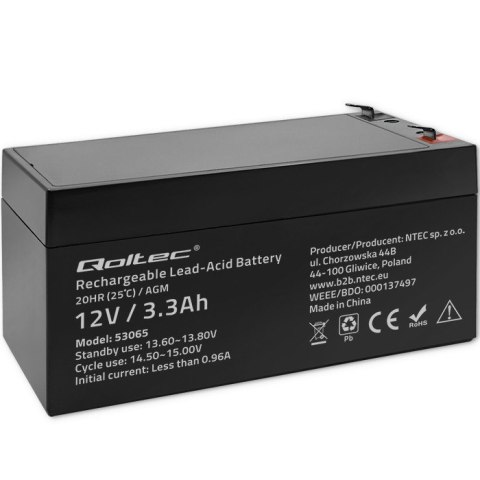 Qoltec Akumulator AGM | 12V | 3.3Ah | Bezobsługowy | Wydajny | LongLife | do UPS, wagi, kasy