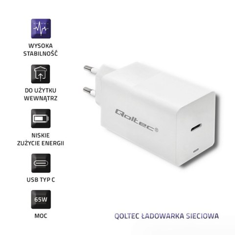 Qoltec Ładowarka GaN FAST 65W | 5-20V | 3-3.25A | USB typ C PD | Laptop | Smartfon