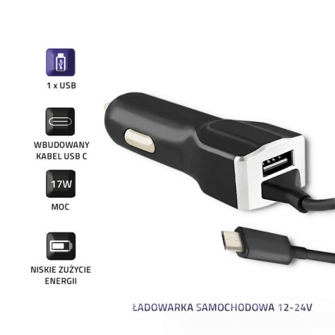 Qoltec Ładowarka samochodowa 12-24V | 17W | 5V | 3.4A | USB + kabel USB typ C