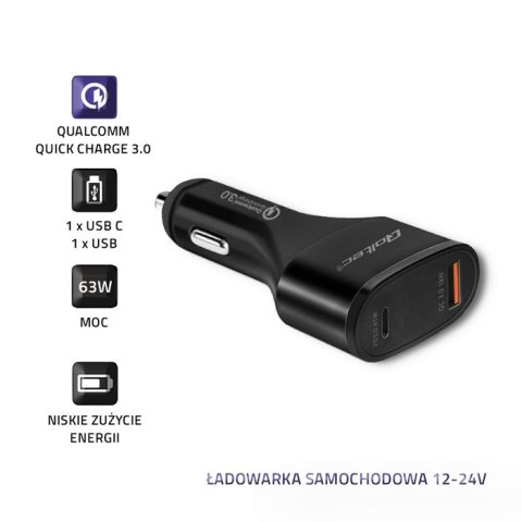 Qoltec Ładowarka samochodowa 12-24V | max 63W | USB typ C PD| USB QC 3.0