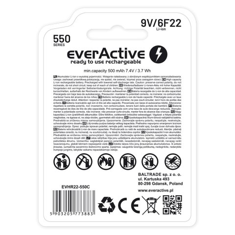 EVERACTIVE AKUMULATOREK 6F22/9V LI-ION 550 MAH Z USB TYP C EVHR22-550C