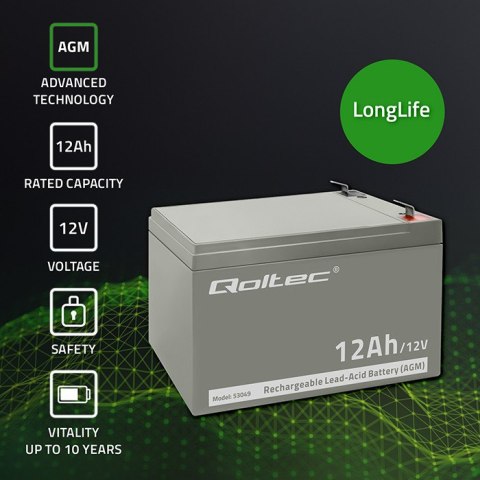 Qoltec Akumulator AGM | 12V | 12Ah | Bezobsługowy | Wydajny | LongLife | do UPS, security