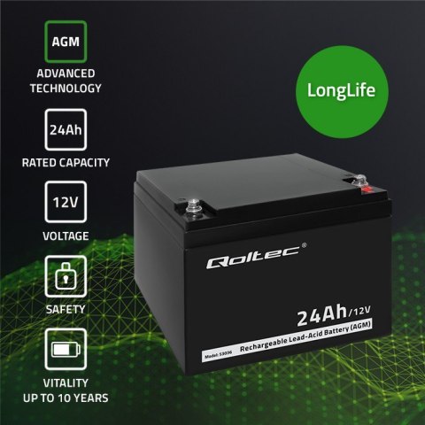 Qoltec Akumulator AGM | 12V | 24Ah | Bezobsługowy | Wydajny | LongLife | do UPS, skutera