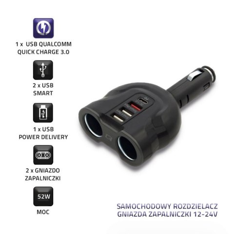 Qoltec Samochodowy rozdzielacz gniazda zapalniczki 12-24V | 52W | 2.4A | 2 x USB | USB QC 3.0 | USB typ C PD | 2 x gniazdo zapal