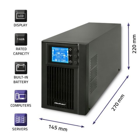 Qoltec Zasilacz awaryjny UPS On-line | Pure Sine Wave | 1kVA | 800W | LCD | USB