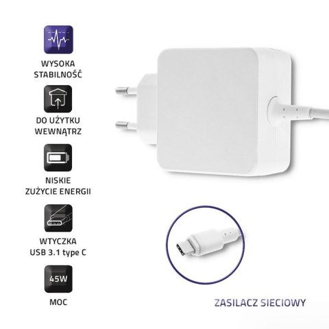 Qoltec Zasilacz sieciowy 45W | 5-20V | 2-3A | USB typ C | PD | Biała