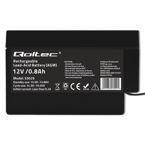 Qoltec Akumulator AGM | 12V | 0.8Ah | Bezobsługowy | Wydajny | LongLife | do zabawek, pojazdów