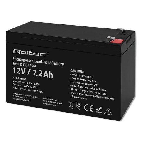 Qoltec Akumulator AGM | 12V | 7.2Ah | Bezobsługowy | Wydajny | LongLife | do UPS, security