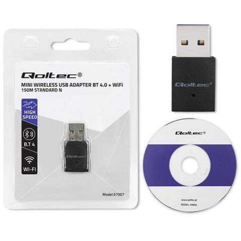 Qoltec Bezprzewodowy mini adapter WiFi Standard N | BT 4.0 USB