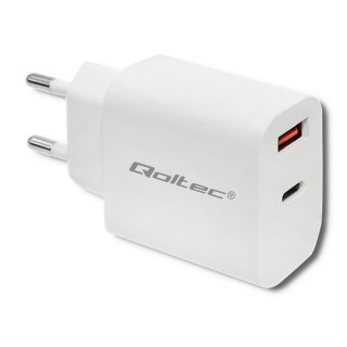 Qoltec Ładowarka sieciowa 18W | 5-12V | 1.5-3A | USB typ C PD | USB QC 3.0 | Biała