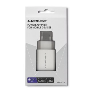 Qoltec Ładowarka sieciowa 18W | 5-12V | 1.5-3A | USB typ C PD | USB QC 3.0 | Biała