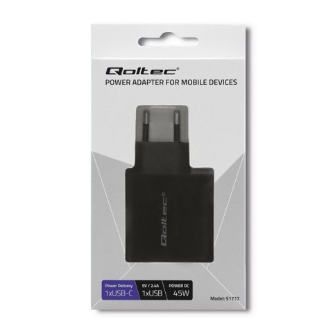 Qoltec Ładowarka sieciowa 45W | 5-20V | 2.25-3A | USB typ C PD | USB | Czarna