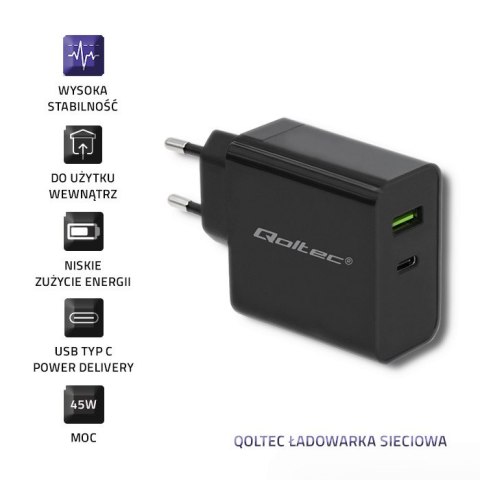 Qoltec Ładowarka sieciowa 45W | 5-20V | 2.25-3A | USB typ C PD | USB | Czarna