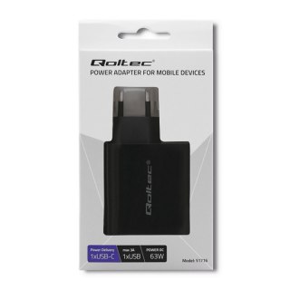 Qoltec Ładowarka sieciowa 63W | 5-20V | 1.5-3A | USB typ C PD | USB QC 3.0 | Czarna