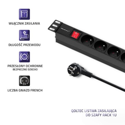 Qoltec Listwa zasilająca PDU do RACK 19'' | 1U | 16A | 8xFRENCH | 2m