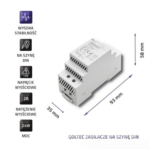 Qoltec Zasilacz na szynę DIN | 24W | 12V | 2A | Szary