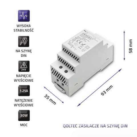 Qoltec Zasilacz na szynę DIN | 30W | 24V | 1.25A | Szary