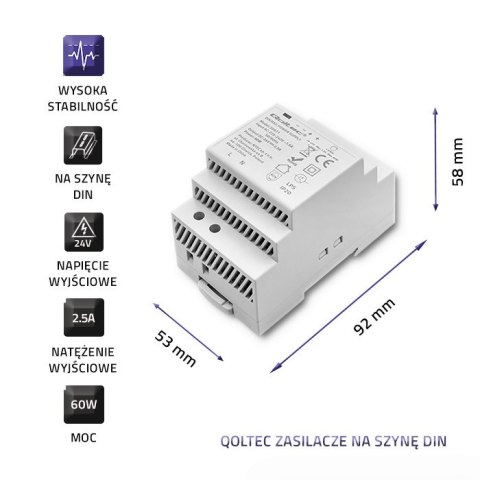 Qoltec Zasilacz na szynę DIN | 60W | 24V | 2.5A | Szary