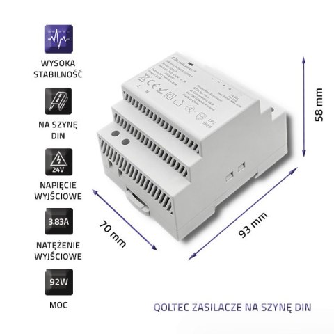 Qoltec Zasilacz na szynę DIN | 92W | 24V | 3.83A | Szary