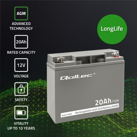 Qoltec Akumulator AGM | 12V | 20Ah | Bezobsługowy | Wydajny | LongLife | do UPS, skutera