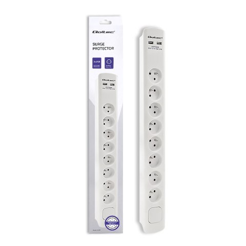 Qoltec Listwa zasilająca antyprzepięciowa | 8 gniazd | 2 x USB | 1.8m | Biała