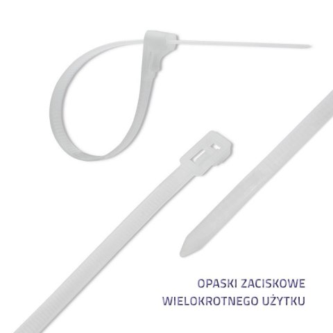 Qoltec Opaski zaciskowe wielorazowe/trytki | 4.8*200mm | Nylon66 UV | Białe