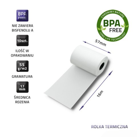 Qoltec Rolka termiczna 57 x 16 | 55g/m2 | 10szt. | BPA free