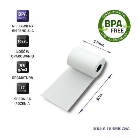 Qoltec Rolka termiczna 57 x 30 | 55g/m2 | 10szt. | BPA free