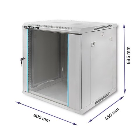 Qoltec Szafa RACK 19" | 12U | 600 x 635 x 450 | Hartowane drzwi | Wisząca | Stalowa obudowa | Zamek | Szara