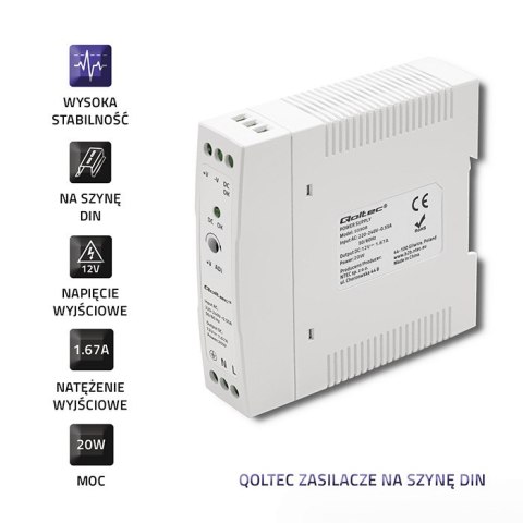 Qoltec Zasilacz na szynę DIN | 20W | 12V | 1.67A | Biały | Slim