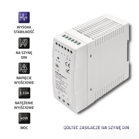 Qoltec Zasilacz na szynę DIN | 40W | 12V | 3.33A | Biały | Slim